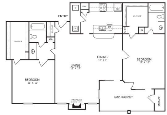 floor plan for a two bedroom apartment at The Hudson